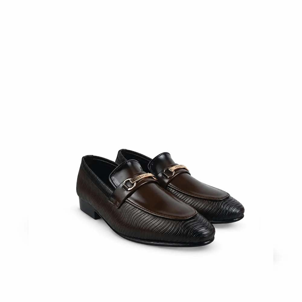 A pair of men's dark brown leather loafers with a textured reptile-pattern toe cap, a smooth front panel, and a gold-tone horsebit detail across the top, shown on a plain white background.
