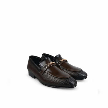 A pair of men's dark brown leather loafers with a textured reptile-pattern toe cap, a smooth front panel, and a gold-tone horsebit detail across the top, shown on a plain white background.
