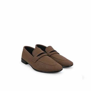 A pair of men's brown suede penny loafers with black trim details, displayed on a clean white background.