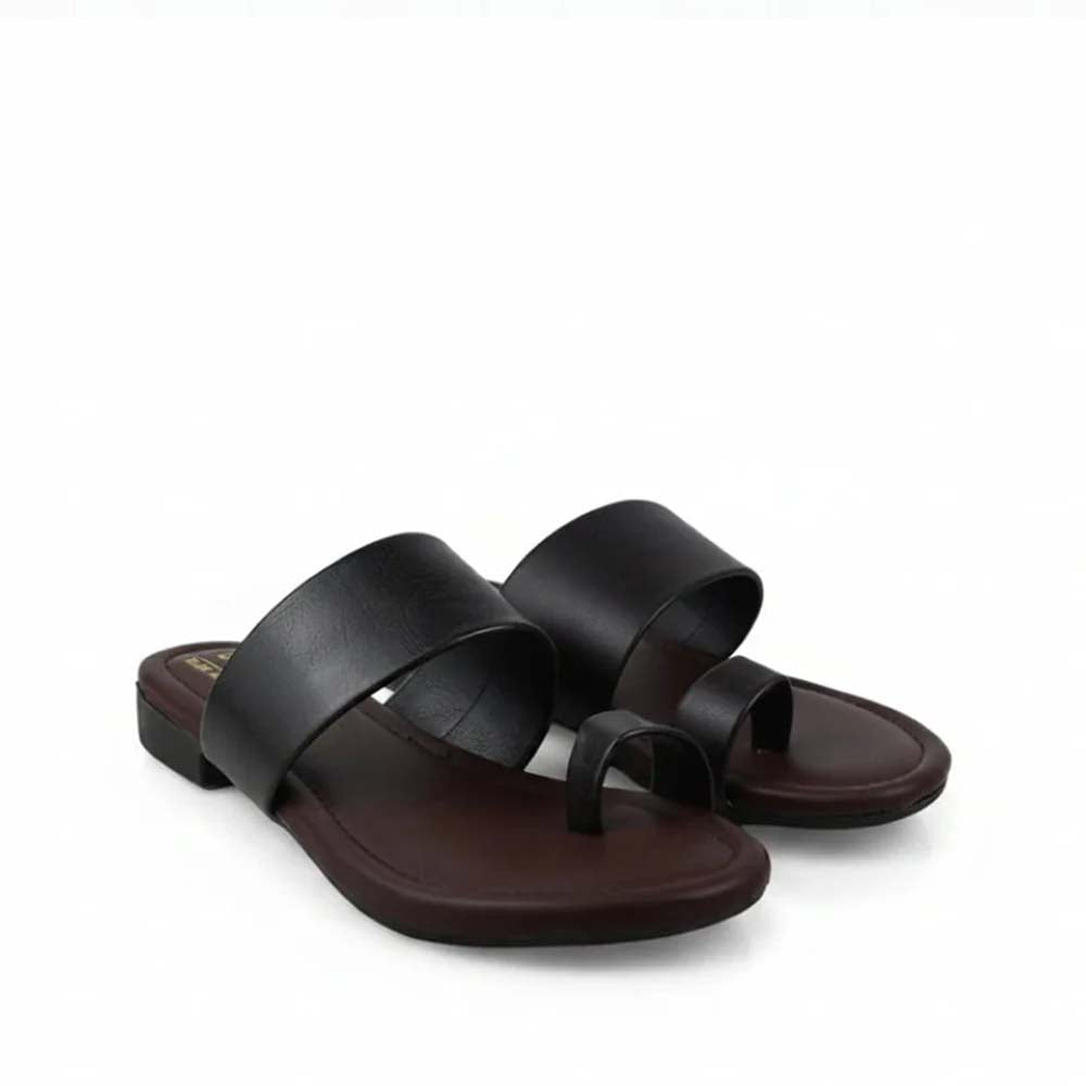 A pair of men's minimalist slide sandals with wide black straps and a dark brown footbed, shown on a plain white background.