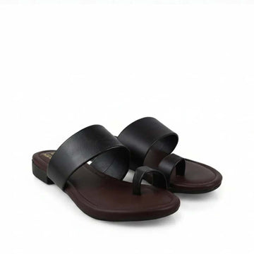 A pair of men's minimalist slide sandals with wide black straps and a dark brown footbed, shown on a plain white background.