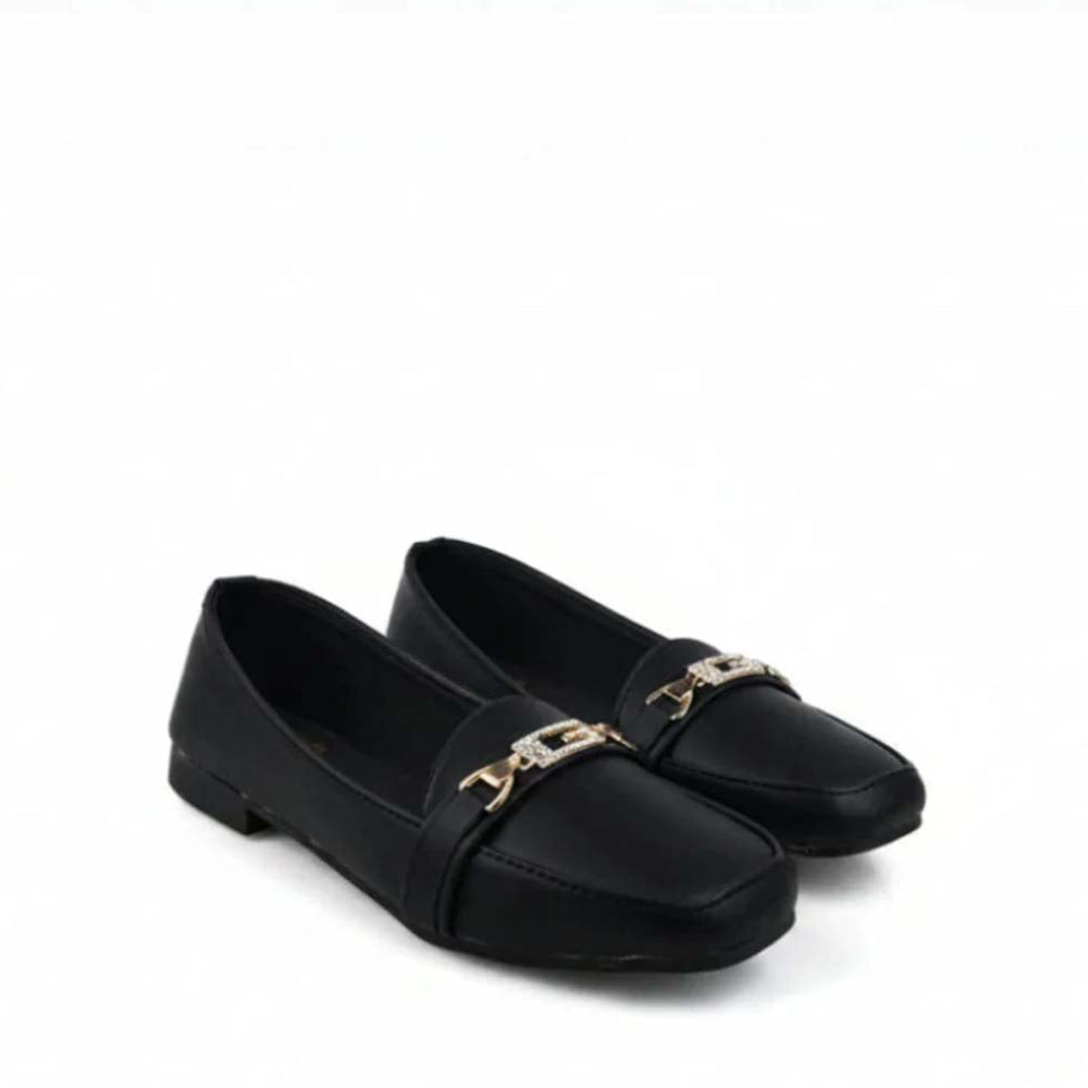 A pair of black leather loafers with a gold-tone metal horsebit detail across the vamp, displayed on a clean white background.