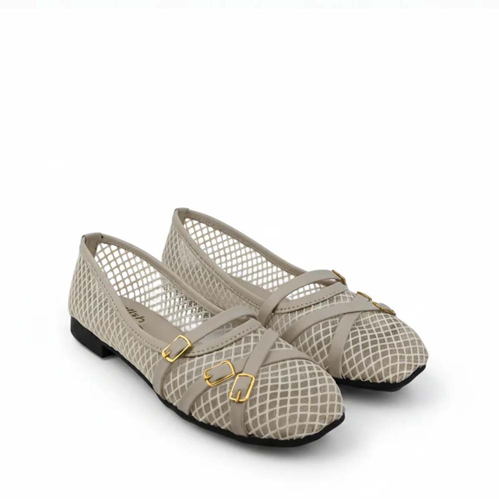 A pair of women's flat shoes in a light beige color, featuring a fishnet mesh upper with a grid pattern, double crossover straps with gold-tone buckle details, and a low black heel.