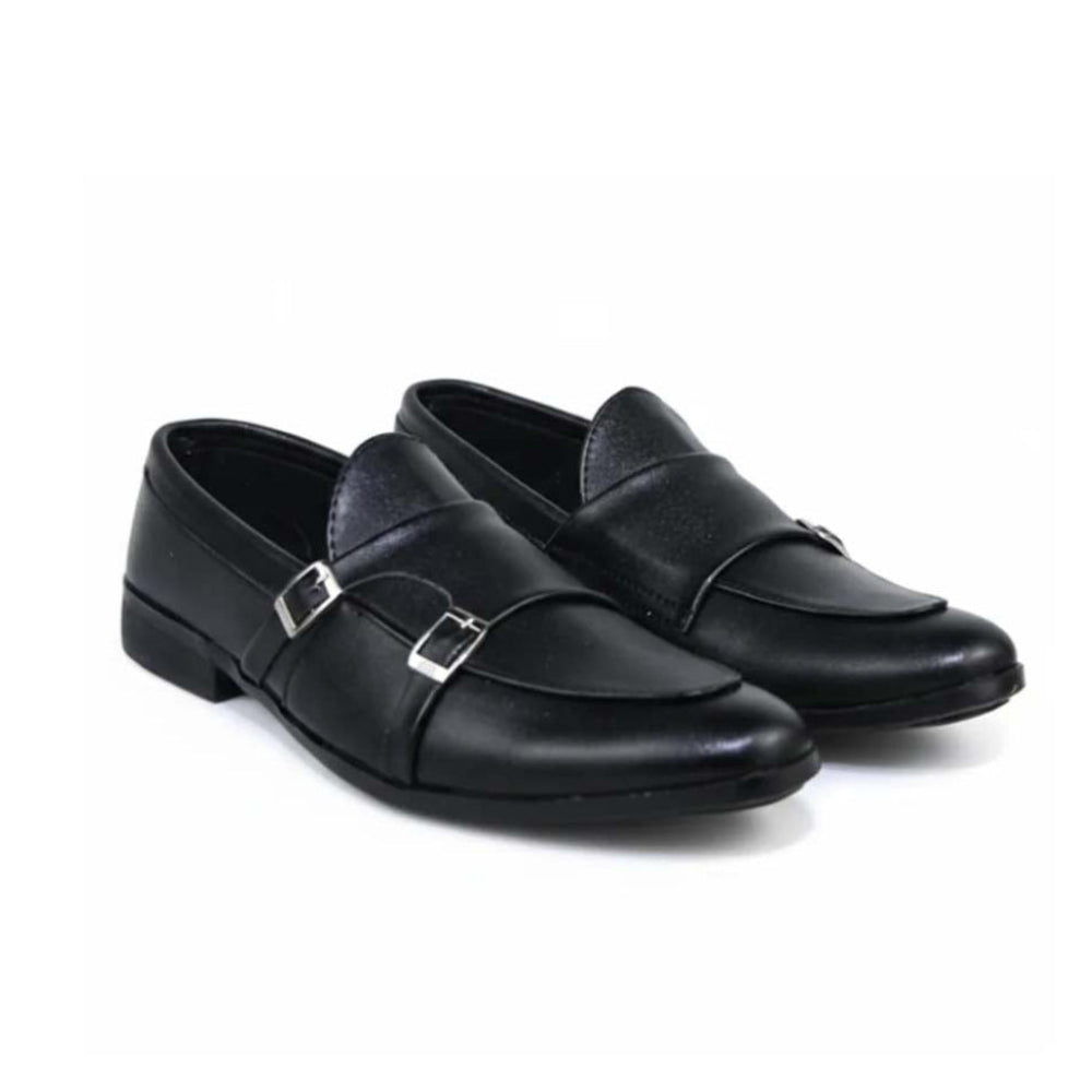 A pair of black leather penny loafers with silver buckle details, displayed on a clean white background.