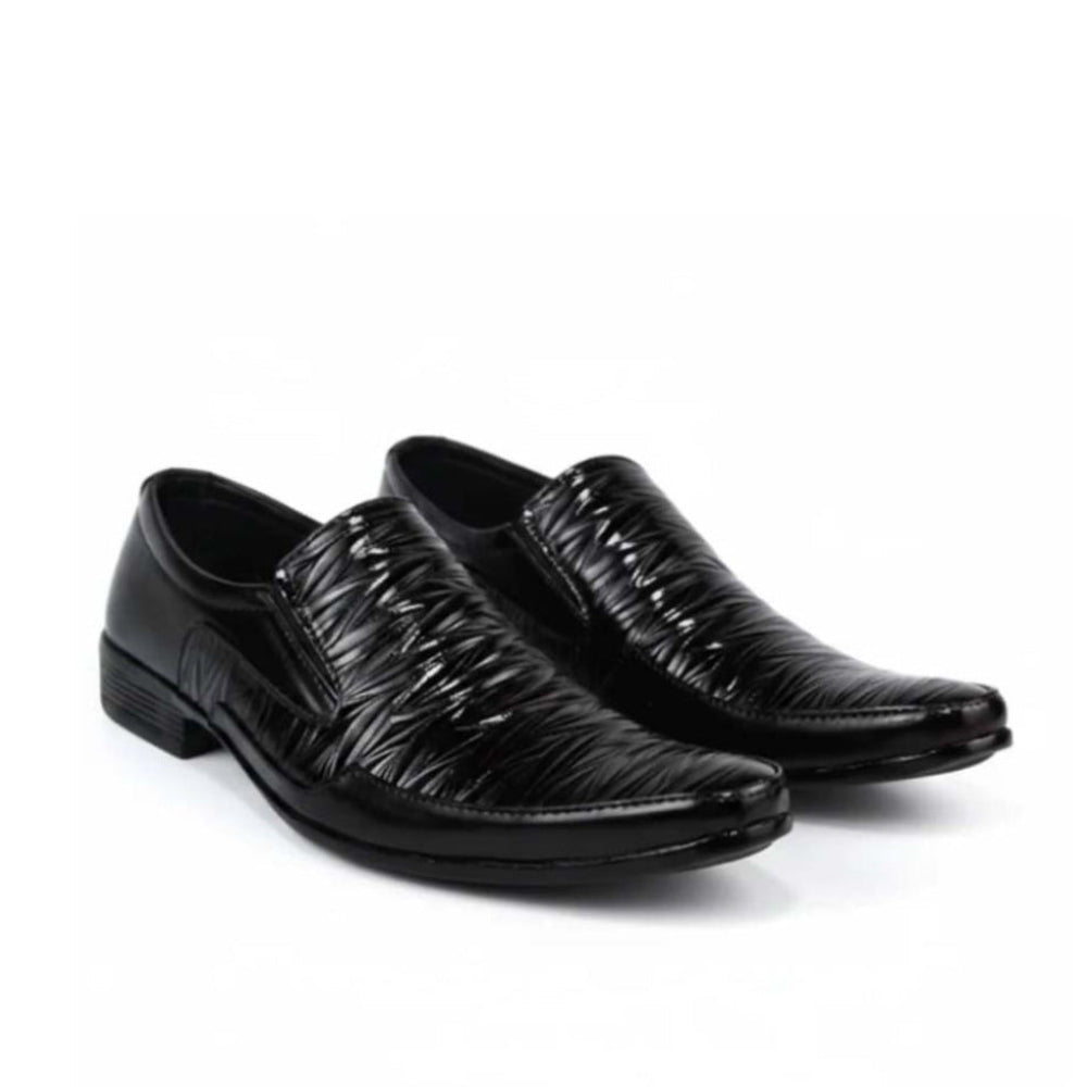 A pair of men's black slip-on dress shoes with a glossy, textured wavy pattern on the toe and sides, shown against a plain white background.