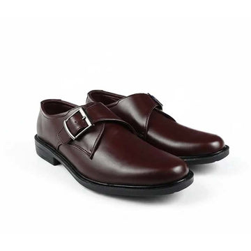 A pair of men's dark burgundy leather double monk strap shoes with silver buckle details, shown on a plain white background.