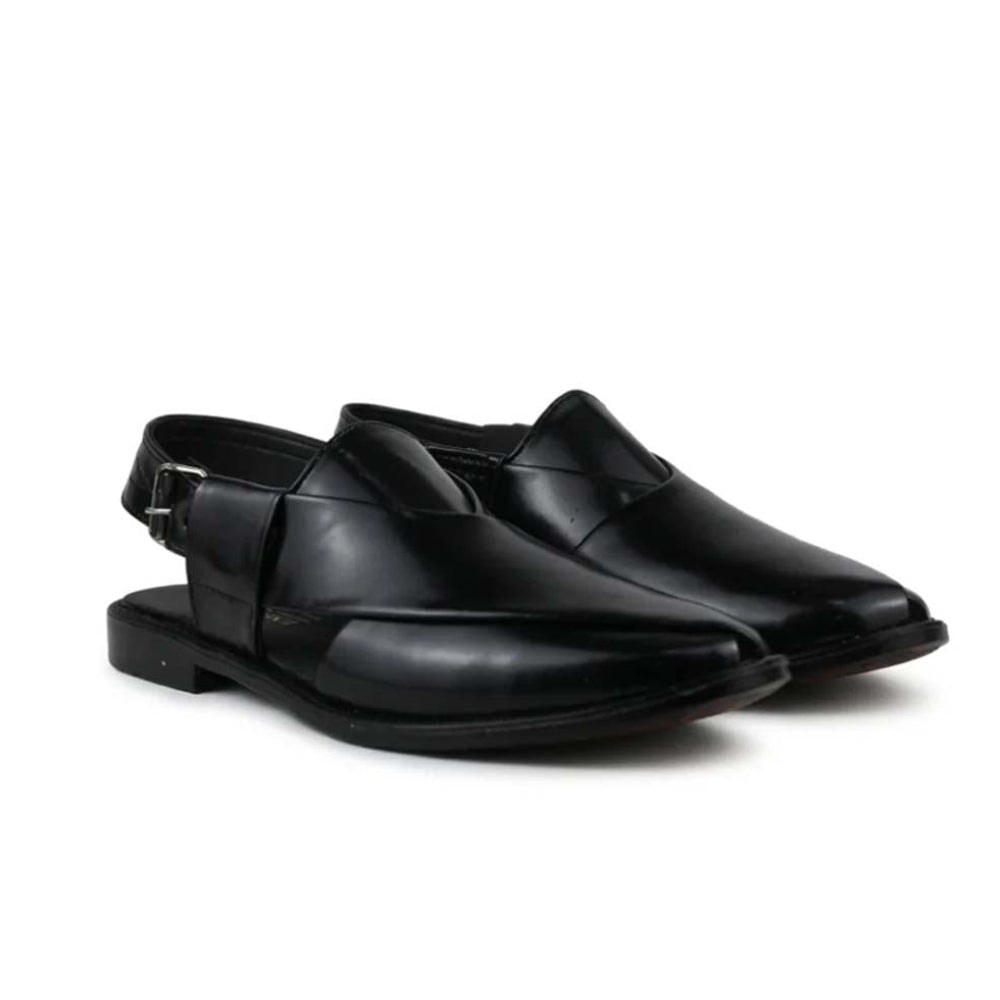 A pair of men's black leather slingback loafers with a pointed toe and a small buckle detail on the strap, shown against a plain white background.