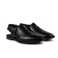 A pair of men's black leather slingback loafers with a pointed toe and a small buckle detail on the strap, shown against a plain white background.