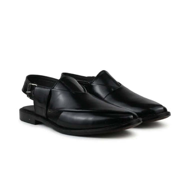 A pair of men's black leather slingback loafers with a pointed toe and a small buckle detail on the strap, shown against a plain white background.