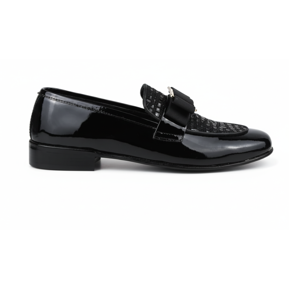 Pair of patent brown glossy loafers with woven straps on a white background